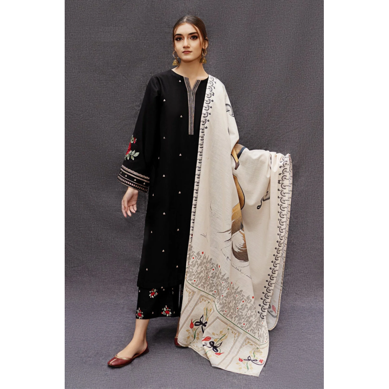 Urge 3 Pc Dhanak Embroidered Shirt With Twill Printed Shwal And Trouser HZG1461